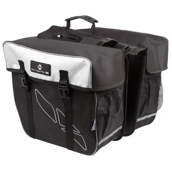 M-WAVE Gepäckträgertasche "M-WAVE AMSTERDAM DOUBLE", polyester 600 D, schwarz/weiß, Gesamtbreite ca. 50 cm, Taschen: 34 x 17 x 30 cm (LxBxH), gro
ße Hauptfächer mit Schnellverschlüssen, Reflexstreifen, 2 Netzfächer hinten, 4 Aussparungen oben & anpassbare Befestigung an der Seite für Gepäckträger.