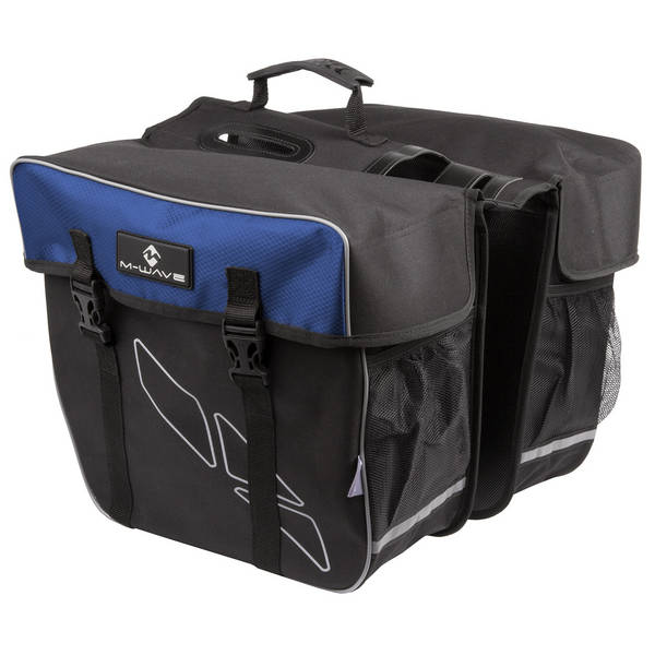 M-WAVE Gepäckträgertasche "M-WAVE AMSTERDAM DOUBLE", Polyester 600 D, schwarz/blau, Gesamtbreite ca. 50 cm, Taschen: 34 x 17 x 30 cm (LxBxH), gro
ße Hauptfächer mit Schnellverschlüssen, Reflexstreifen, 2 Netzfächer hinten, 4 Aussparungen oben & anpassbare Befestigung an der Seite für Gepäckträger.