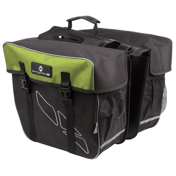 M-WAVE Gepäckträgertasche "M-WAVE AMSTERDAM DOUBLE", polyester 600 D, schwarz/grün, Gesamtbreite ca. 50 cm, Taschen: 34 x 17 x 30 cm (LxBxH), gro
ße Hauptfächer mit Schnellverschlüssen, Reflexstreifen, 2 Netzfächer hinten, 4 Aussparungen oben & anpassbare Befestigung an der Seite für Gepäckträger.