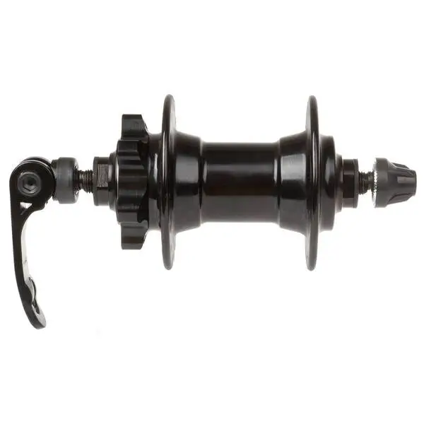 Scheibenbremsnabe, Alu, für Vorderrad, schwarz, 36 Loch, OLD 100 mm, Achslänge 108 mm, 2 gedichtete Industriekugellager, mit Schnellspanner, MV
