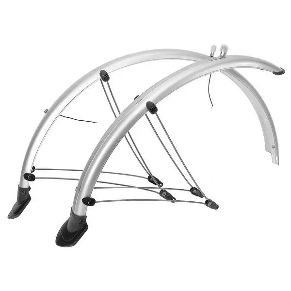 M-WAVE Schutzblech-Set, 26", 60 mm, flexibles Kunststoffschutzblech mit elekt. Kontaktstreifen, mit Strebenbefestigung, VR+HR, silber, Anschlußlichtkabel, auf M-WAVE Karte 084090