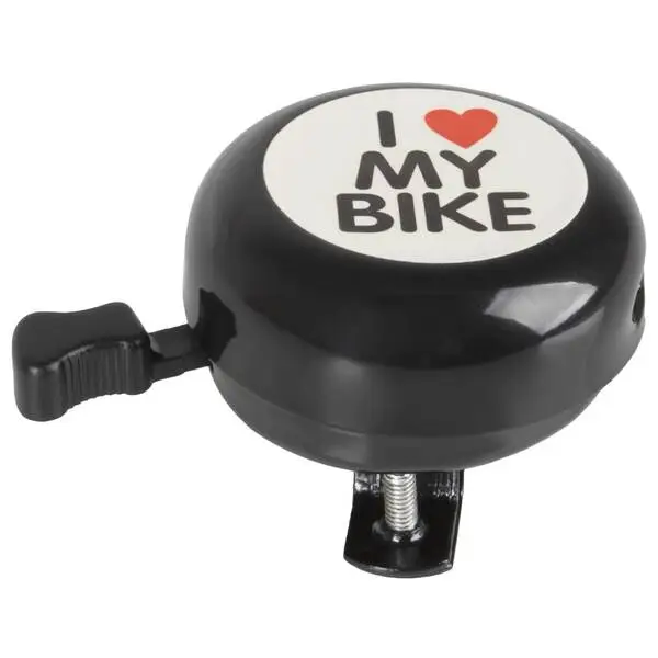 Glocke, 54 mm, Stahl, schwarz, mit Aufkleber "I love my bike"