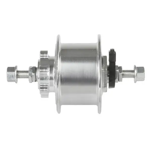 Nabendynamo für Scheibenbremse, mit Festachse, mit Stecker, Alu, silber, Einbaumaß: 100 mm, 36 Loch, 6V/3W, mit deutschem Prüfzeichen, für 16"-28" Laufräder, MV