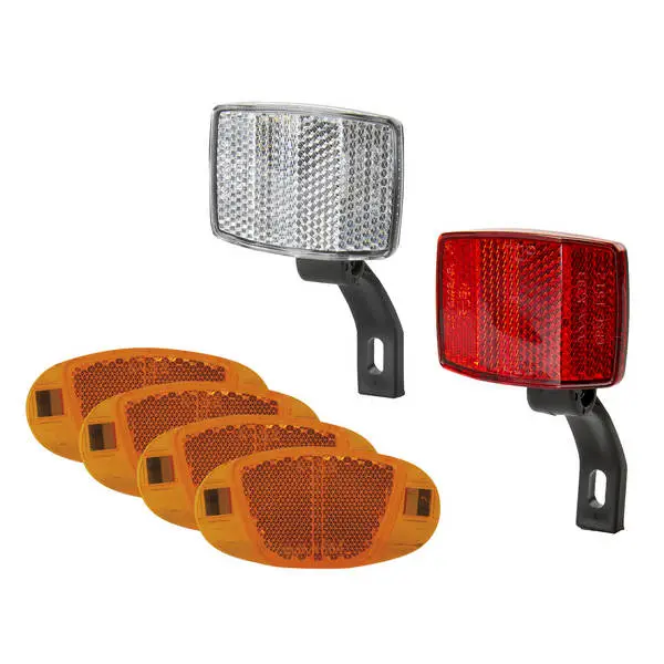 Reflektor-Set, bestehend aus 4 x Speichenreflektor 466603 + je 1 x Reflektor für vorne 460800 und hinten 460801 ( beide mit Kunststoffhalter, montiert), alle Reflektoren mit deutscher Prüfnummer, 1 Set im geschlossenem PE-Beutel
mit deutscher Prüfnummer, lose im Karton