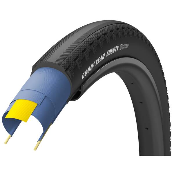 Goodyear Reifen 700x40C, 40-622, Goodyear County, 120 TPI, folding bead, Gewicht 545 g, DYNAMIC:SILICA4, max. 58 PSI, schwarz, Tubeless Complete / R:Shield, auf Karte