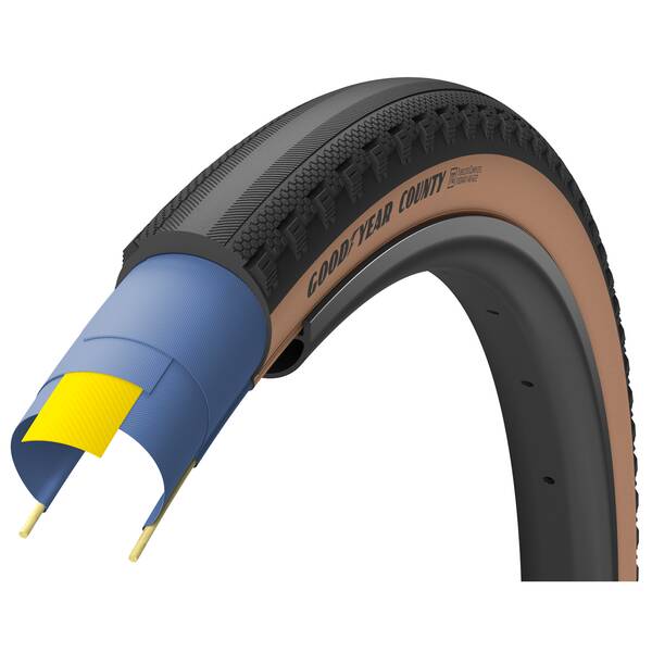 Goodyear Reifen 700x35C, 35-622, Goodyear County, 120 TPI, folding bead, Gewicht 485 g, DYNAMIC:SILICA4, max. 70 PSI, schwarz, Tubeless Complete / R:Shield, auf Karte
