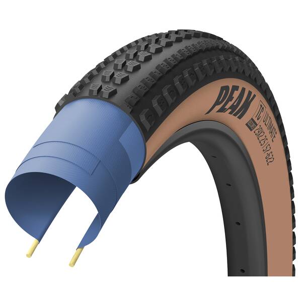 Goodyear Reifen 700x35C, 35-622, Goodyear Peak, 120 TPI, folding bead, Gewicht 490 g, DYNAMIC:SILICA4, max. 70 PSI, schwarz/tan, Tubeless Complete / R:Shield, auf Karte
