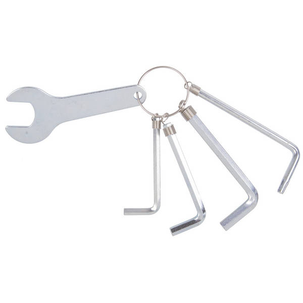 Werkzeugset bestehend aus Innensechskantschlüssel-Set, 4/5/6 mm, verzinkt, T25 Vielzahlschlüssel , 15mm Pedalschlüssel 8cm Länge, verpackt im Polybeutel mit angebrachten Sticker